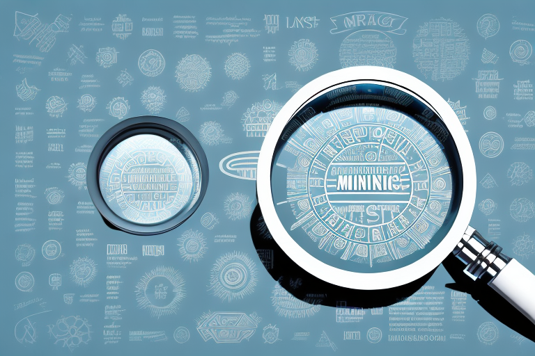 A magnifying glass focusing on a variety of abstract symbols